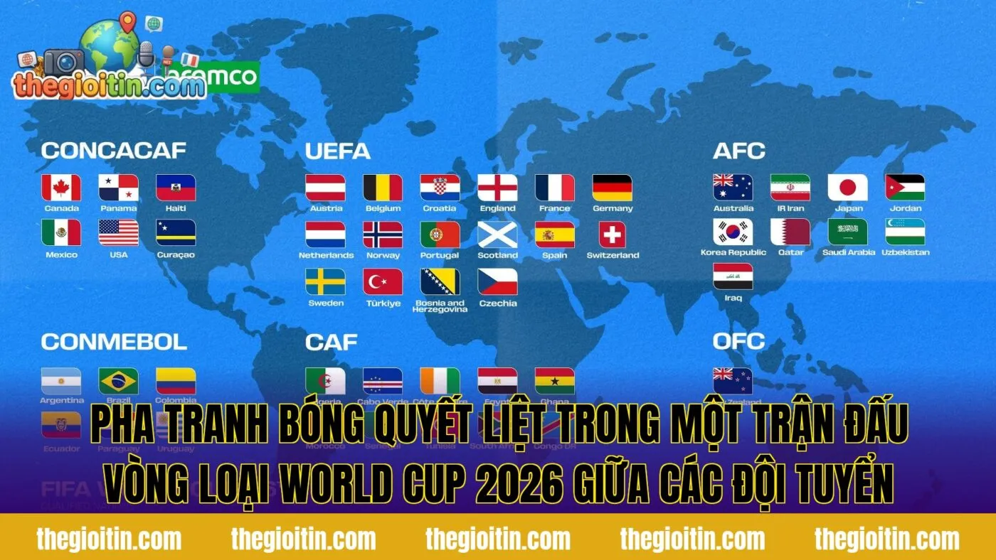 Pha tranh bóng quyết liệt trong một trận đấu vòng loại World Cup 2026 giữa các đội tuyển